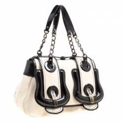 Pre Owned Fendi Beige/Black Canvas and Patent Leather B Shoulder Bag