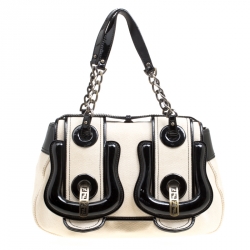 Pre Owned Fendi Beige/Black Canvas and Patent Leather B Shoulder Bag