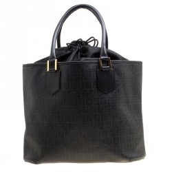 Pre Owned Fendi Black Zucchino Coated Canvas Spalmati Drawstring Tote