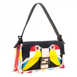Fendi Black Denim Multicolor Beaded Fringe Qutweet Bird Baguette Bag 