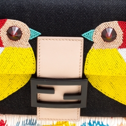 Fendi Black Denim Multicolor Beaded Fringe Qutweet Bird Baguette Bag 