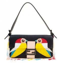 Fendi Black Denim Multicolor Beaded Fringe Qutweet Bird Baguette Bag 