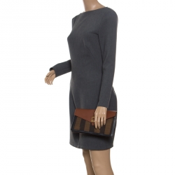 Pre Owned Fendi Brown Leather and Pequin Canvas Envelope Clutch