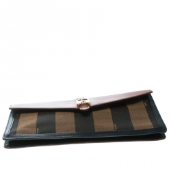 Pre Owned Fendi Brown Leather and Pequin Canvas Envelope Clutch
