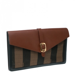 Pre Owned Fendi Brown Leather and Pequin Canvas Envelope Clutch
