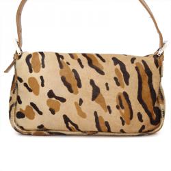 Fendi Brown Leopard Print Pony Hair Baguette Shoulder Bag