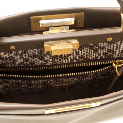 Pre Owned Fendi Dark Beige Leather and Snake Lined Small Peekaboo Tote