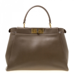 Pre Owned Fendi Dark Beige Leather and Snake Lined Small Peekaboo Tote