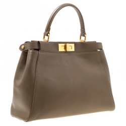 Pre Owned Fendi Dark Beige Leather and Snake Lined Small Peekaboo Tote