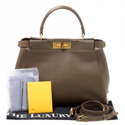 Pre Owned Fendi Dark Beige Leather and Snake Lined Small Peekaboo Tote