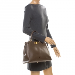 Pre Owned Fendi Dark Beige Leather and Snake Lined Small Peekaboo Tote