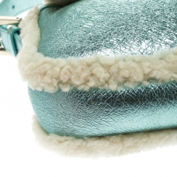 Pre Owned Fendi Metallic Green Leather and Fur Lining Mini Mama Baguette Shoulder Bag