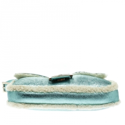 Pre Owned Fendi Metallic Green Leather and Fur Lining Mini Mama Baguette Shoulder Bag