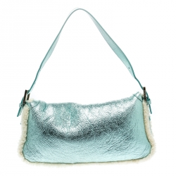 Pre Owned Fendi Metallic Green Leather and Fur Lining Mini Mama Baguette Shoulder Bag