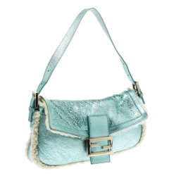 Pre Owned Fendi Metallic Green Leather and Fur Lining Mini Mama Baguette Shoulder Bag