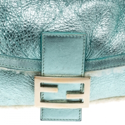 Pre Owned Fendi Metallic Green Leather and Fur Lining Mini Mama Baguette Shoulder Bag