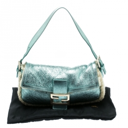 Pre Owned Fendi Metallic Green Leather and Fur Lining Mini Mama Baguette Shoulder Bag
