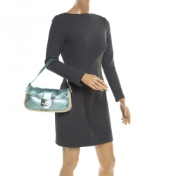 Pre Owned Fendi Metallic Green Leather and Fur Lining Mini Mama Baguette Shoulder Bag