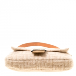 Pre Owned Fendi Beige Zucca Wool/Leather Baguette Shoulder Bag