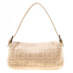Pre Owned Fendi Beige Zucca Wool/Leather Baguette Shoulder Bag