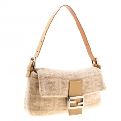 Pre Owned Fendi Beige Zucca Wool/Leather Baguette Shoulder Bag