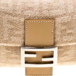 Pre Owned Fendi Beige Zucca Wool/Leather Baguette Shoulder Bag
