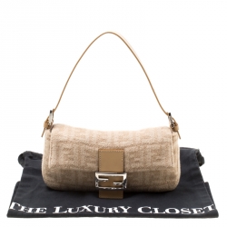 Pre Owned Fendi Beige Zucca Wool/Leather Baguette Shoulder Bag