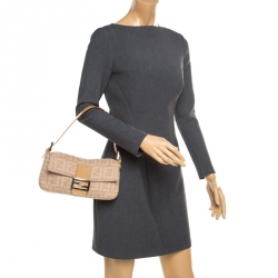 Pre Owned Fendi Beige Zucca Wool/Leather Baguette Shoulder Bag