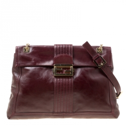 Fendi Burgundy Leather Maxi Baguette Flap Shoulder Bag