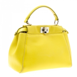 Pre Owned Fendi Yellow Leather Mini Peekaboo Top Handle Bag