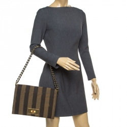 Pre Owned Fendi Tobacco Pequin Canvas Large Claudia Shoulder Bag