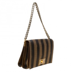 Pre Owned Fendi Tobacco Pequin Canvas Large Claudia Shoulder Bag