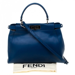Pre Owned Fendi Blue Leather and Calfhair Lining Medium Peekaboo Top Handle Bag