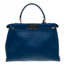 Pre Owned Fendi Blue Leather and Calfhair Lining Medium Peekaboo Top Handle Bag