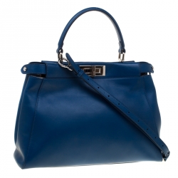 Pre Owned Fendi Blue Leather and Calfhair Lining Medium Peekaboo Top Handle Bag