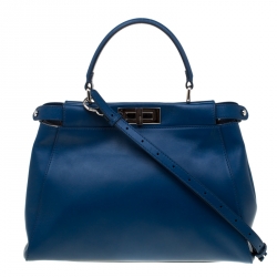 Pre Owned Fendi Blue Leather and Calfhair Lining Medium Peekaboo Top Handle Bag