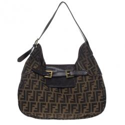 Pre Owned Fendi Tobacco Zucca Canvas Double Buckle Hobo Bag