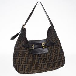 Pre Owned Fendi Tobacco Zucca Canvas Double Buckle Hobo Bag