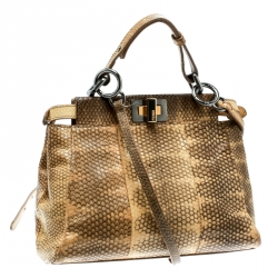 Pre Owned Fendi Beige Python and Python Lining Mini Peekaboo Top Handle Bag