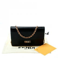 Pre Owned Fendi Black Leather Continental Wallet On Chain