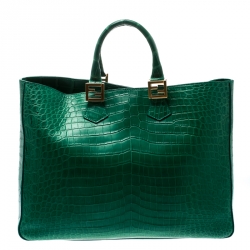 Pre Owned Fendi Green Crocodile Twins Shopper Tote