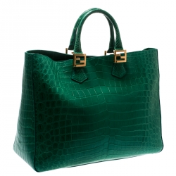Pre Owned Fendi Green Crocodile Twins Shopper Tote