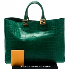 Pre Owned Fendi Green Crocodile Twins Shopper Tote