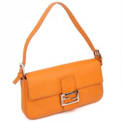 Pre Owned Fendi Orange Selleria Leather Baguette Shoulder Bag