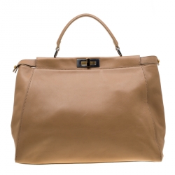 Pre Owned Fendi Light Brown Leather with Snakeskin Lining Large Peekaboo Tote