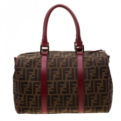 Pre Owned Fendi Red Canvas Zucca Jacquard Boston Bag