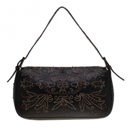 Pre Owned Fendi Dark Brown Embroidered Leather Mini Mama Shoulder Bag 