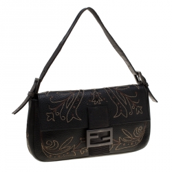 Pre Owned Fendi Dark Brown Embroidered Leather Mini Mama Shoulder Bag 