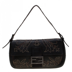 Pre Owned Fendi Dark Brown Embroidered Leather Mini Mama Shoulder Bag 