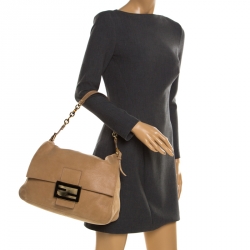 Pre Owned Fendi Beige Iridescent Leather Mama Forever Large Flap Shoulder Bag